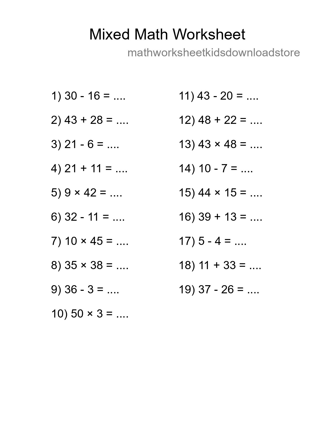 Mixed Operations Math Worksheet