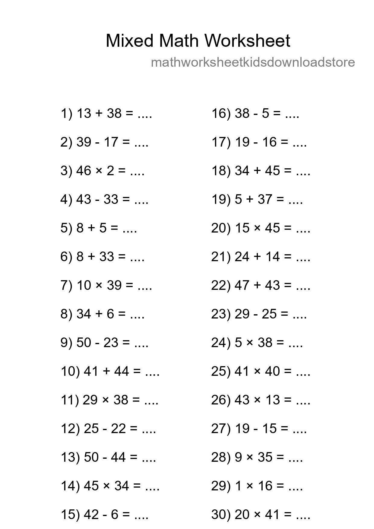 Mixed Operations Math Worksheet