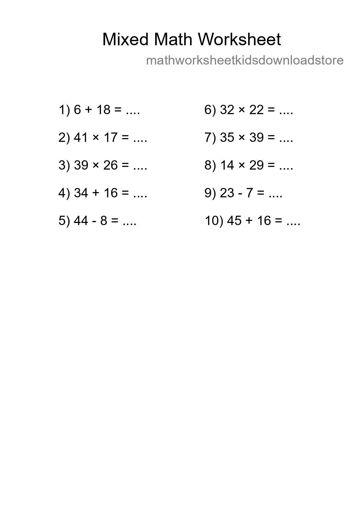 Mixed Operations Math Worksheet