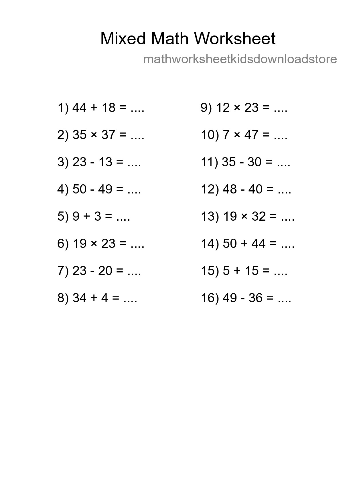 Mixed Operations Math Worksheet