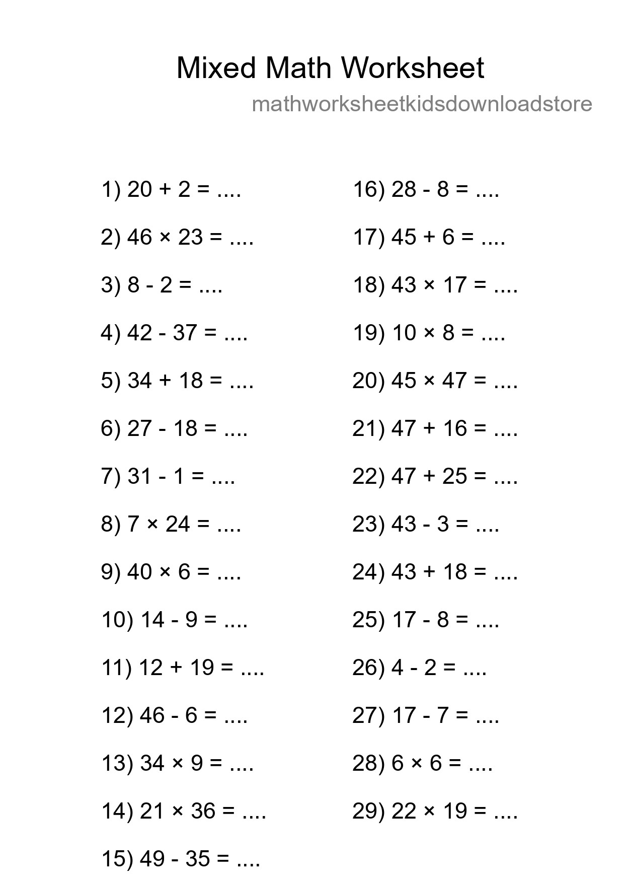 Mixed Operations Math Worksheet