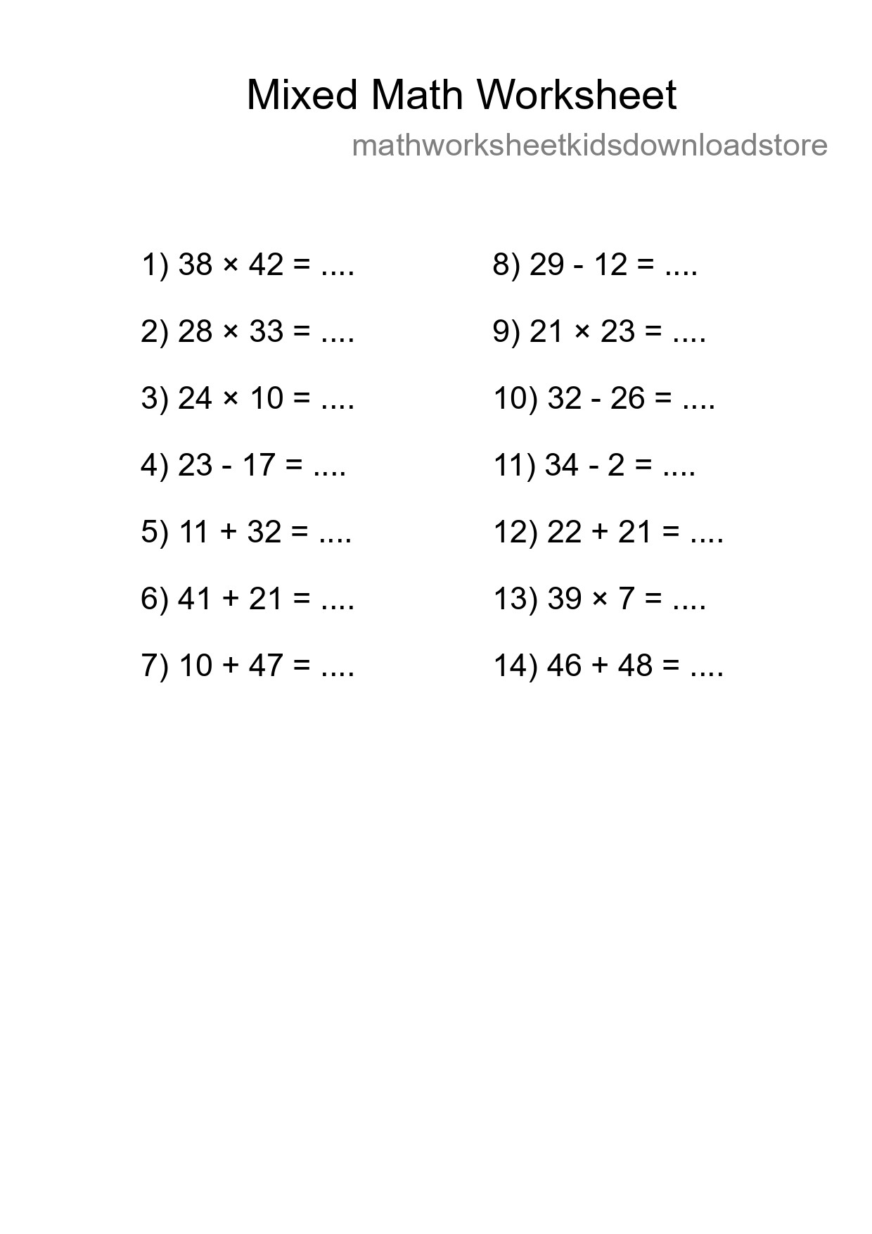 Mixed Operations Math Worksheet