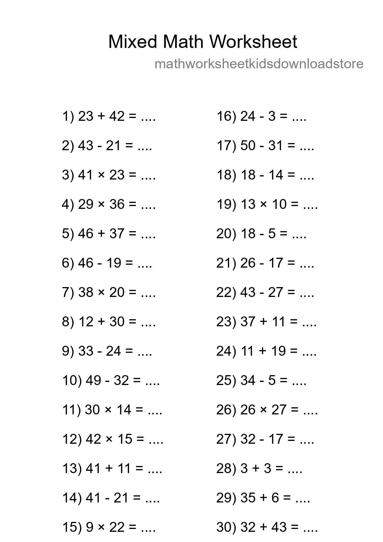 Mixed Operations Math Worksheet