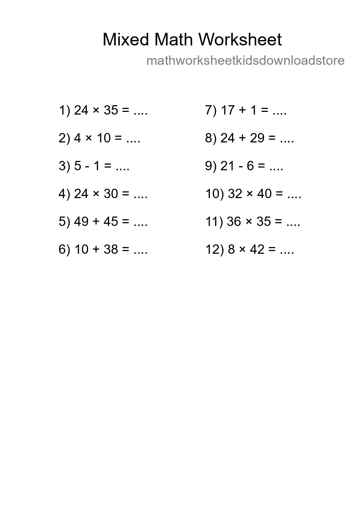 Mixed Operations Math Worksheet