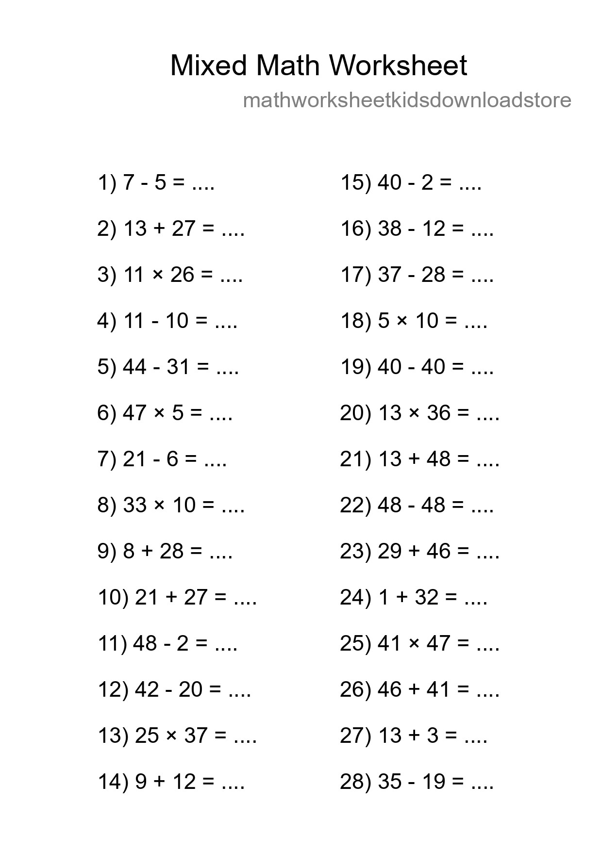 Mixed Operations Math Worksheet