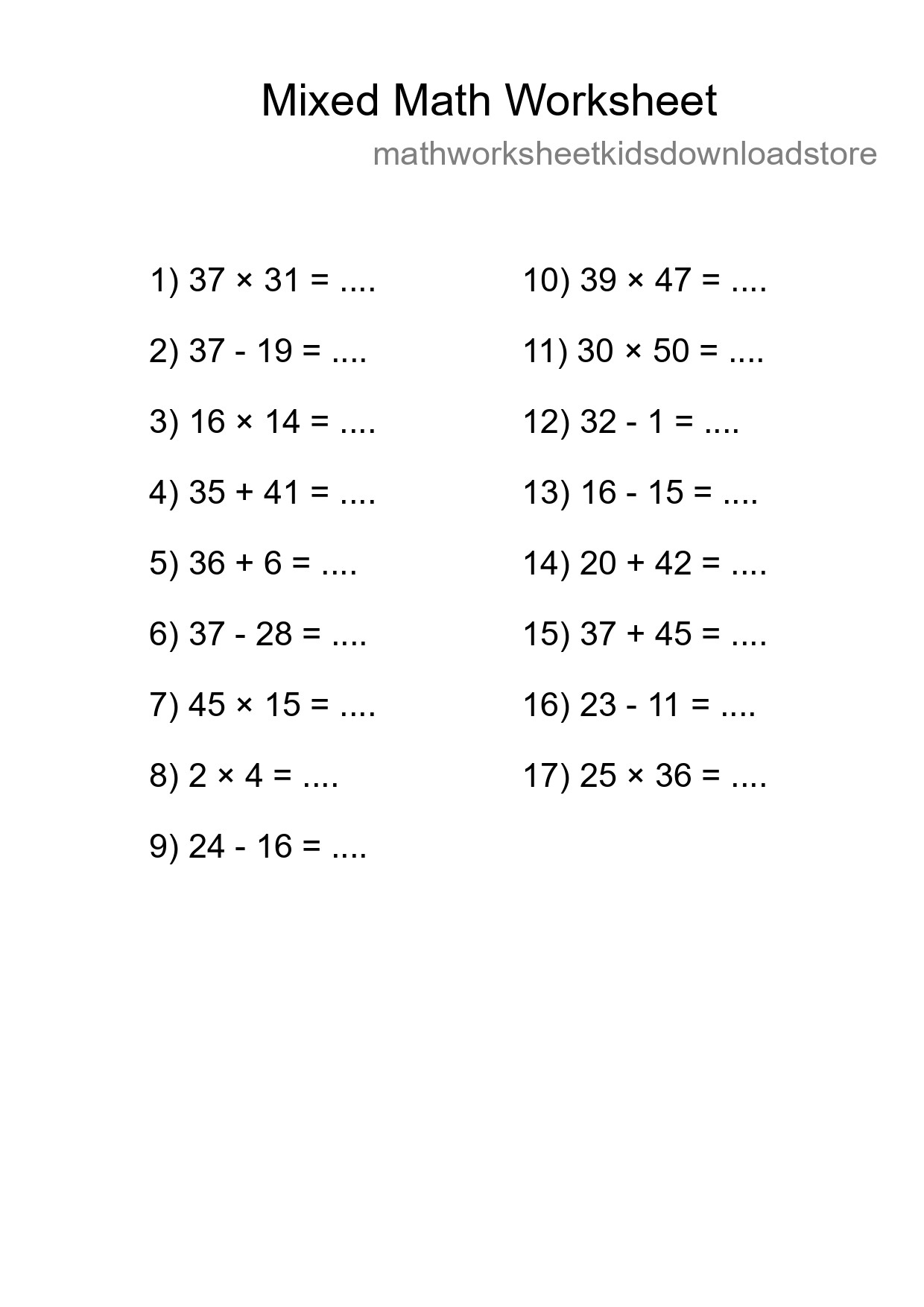 Mixed Operations Math Worksheet