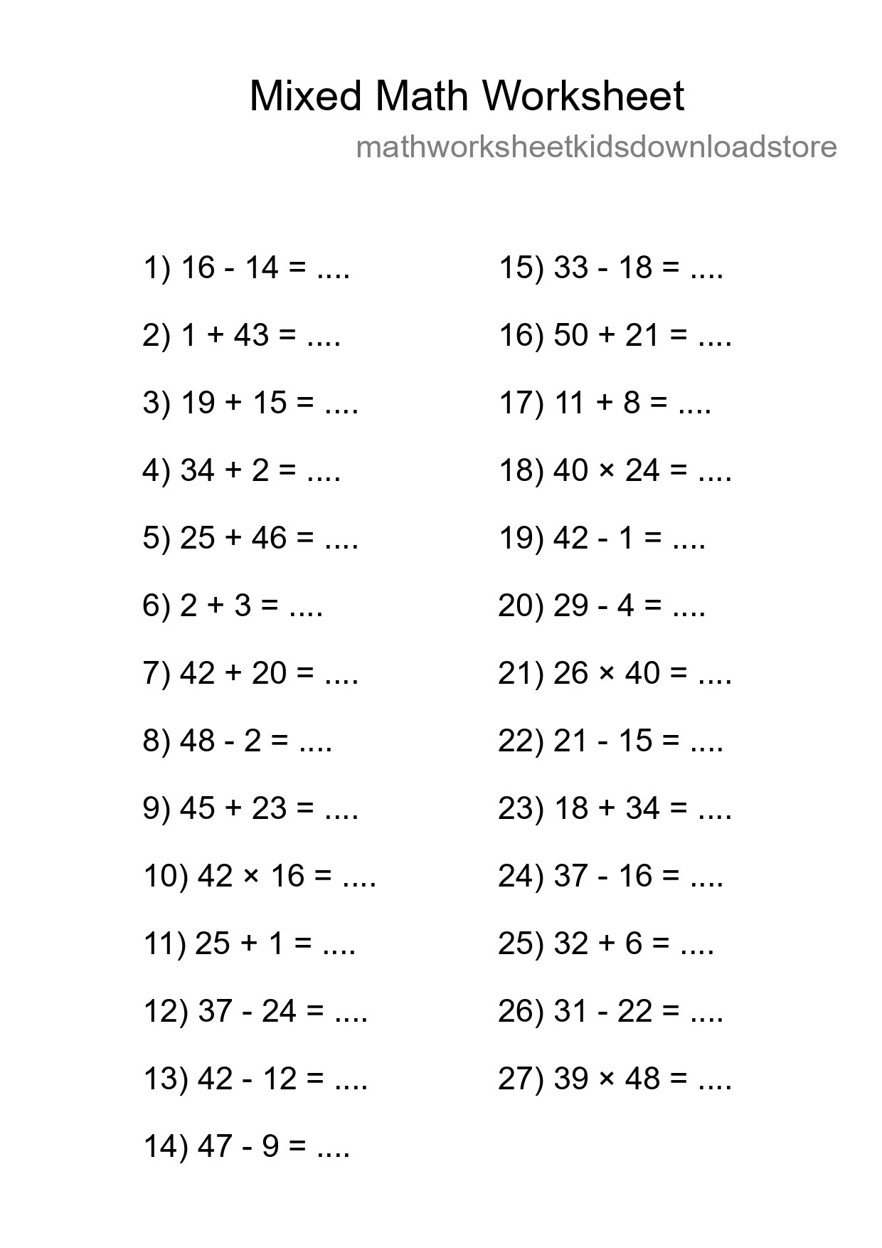 Mixed Operations Math Worksheet