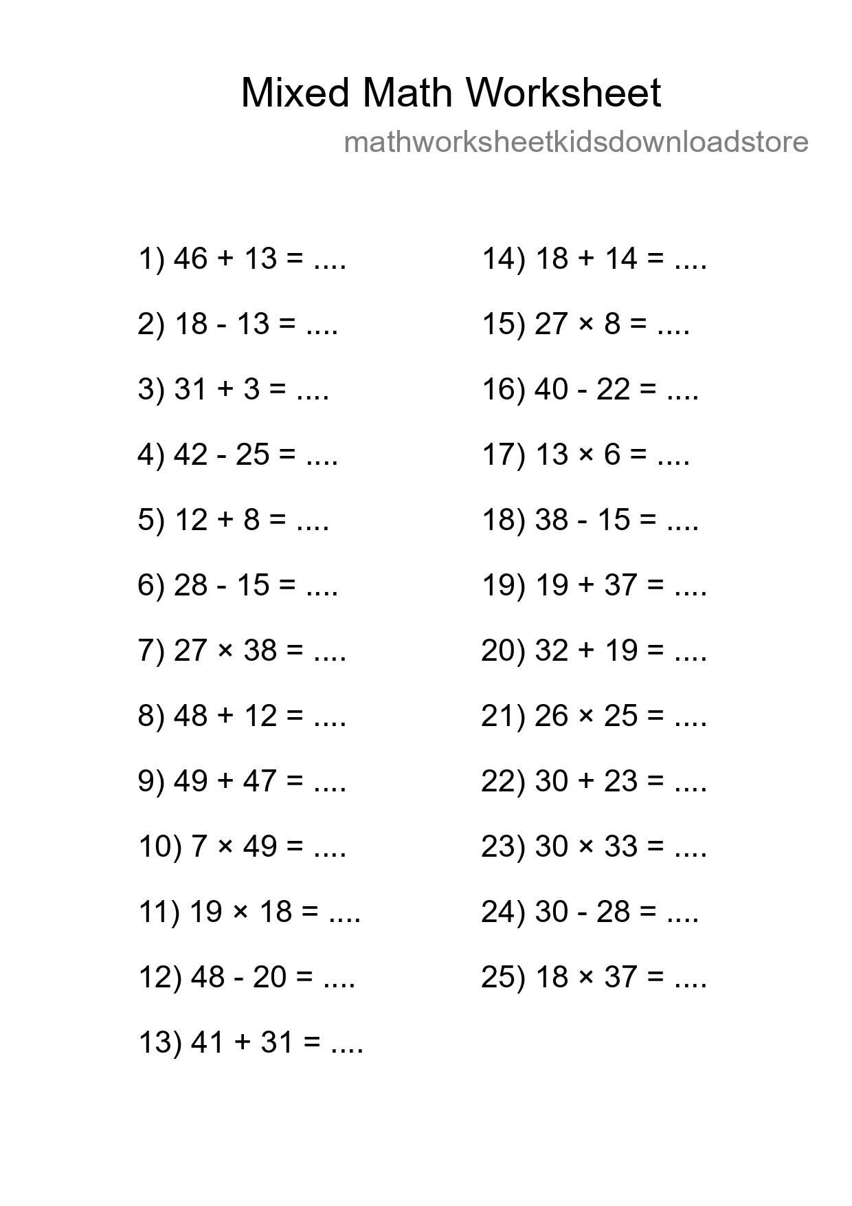 Mixed Operations Math Worksheet