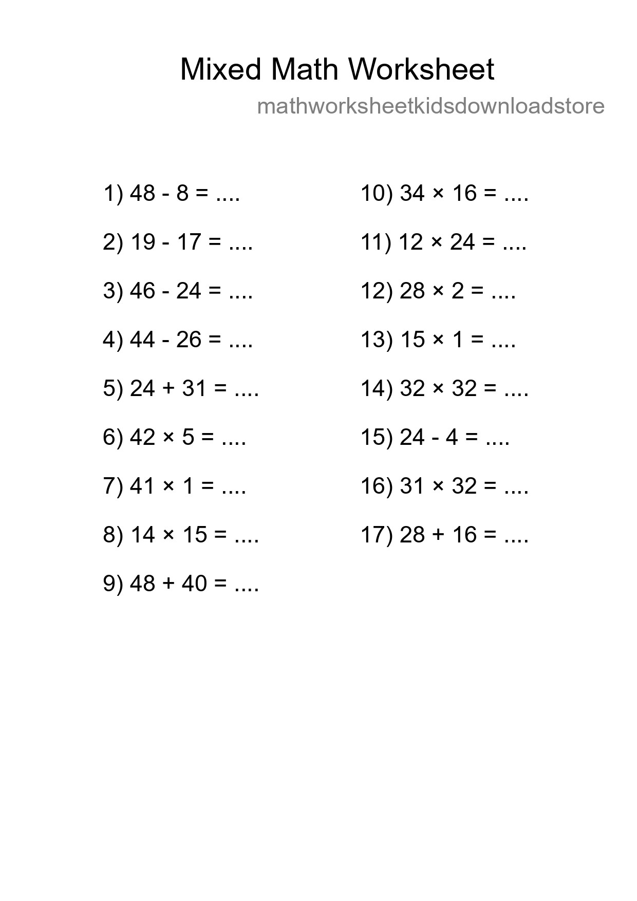 Mixed Operations Math Worksheet