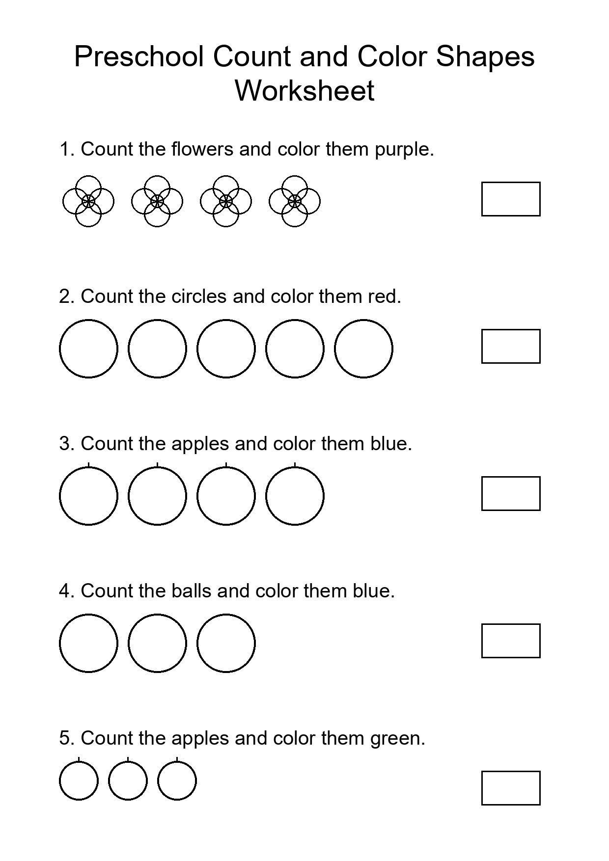 Preschool Count and Color Shapes Worksheet