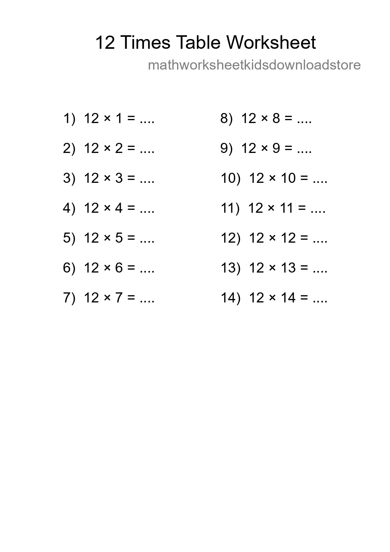 Printable 12 Times Table Worksheet For Grade 4 - Part 75
