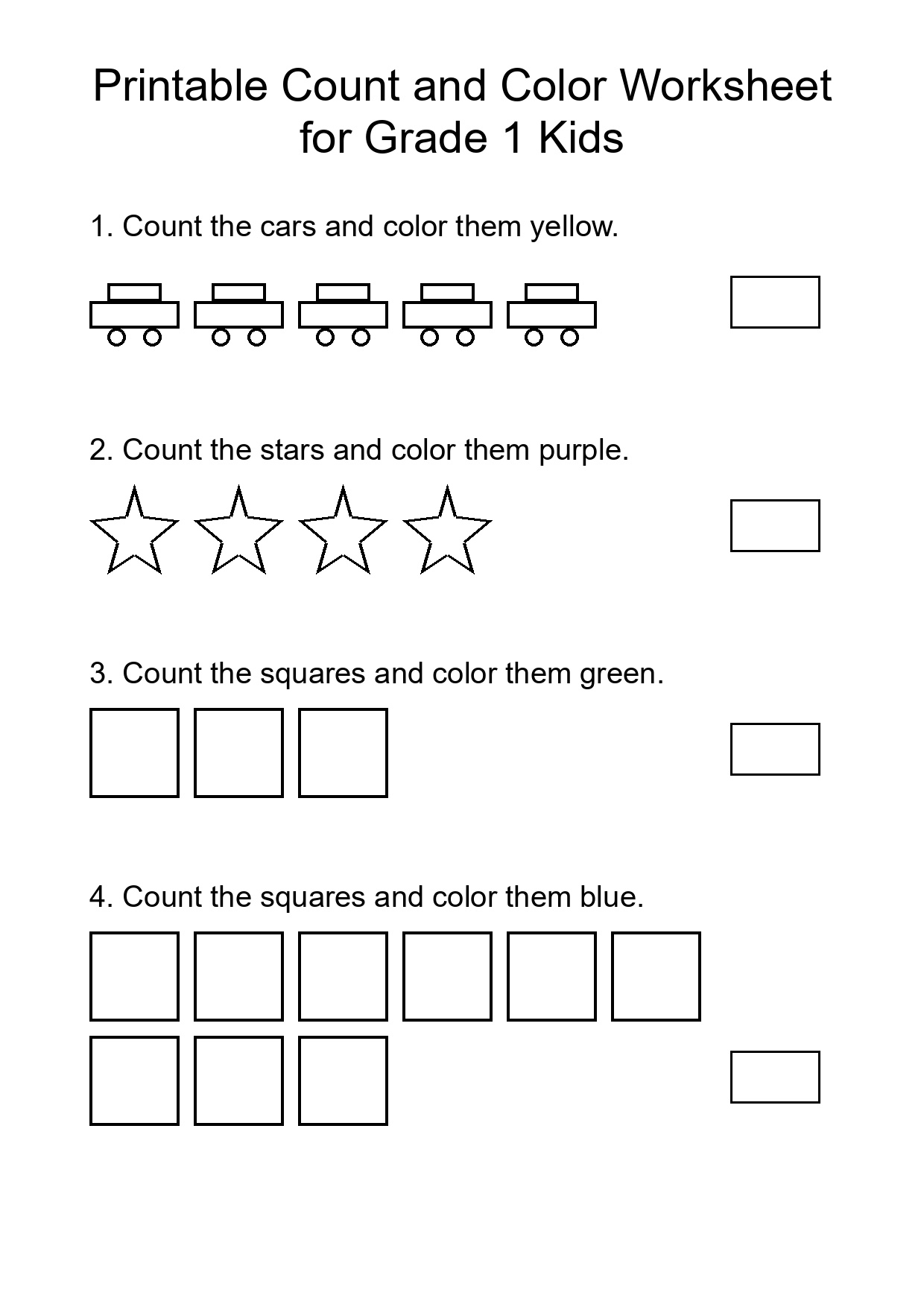 Printable Count and Color Worksheet for Grade 1 Kids