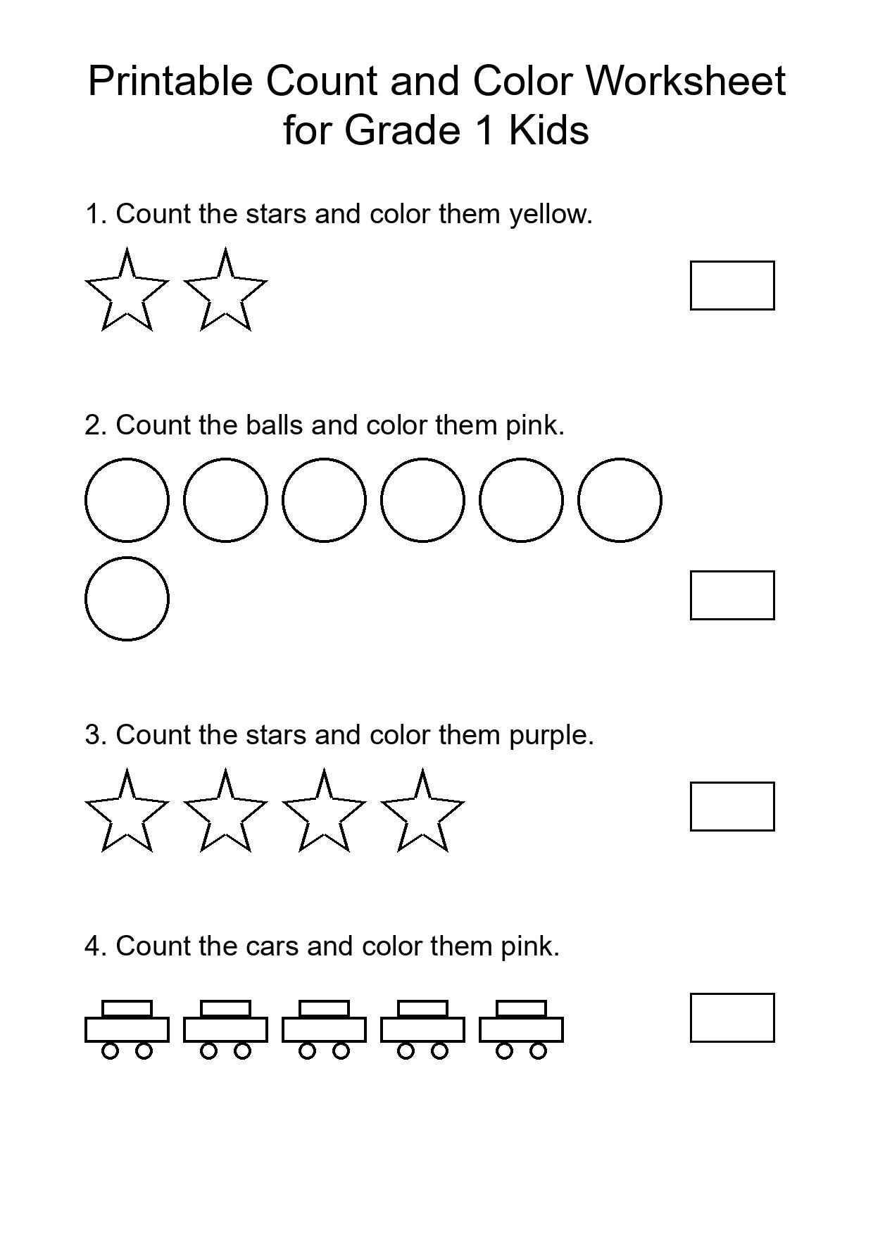 Printable Count and Color Worksheet for Grade 1 Kids