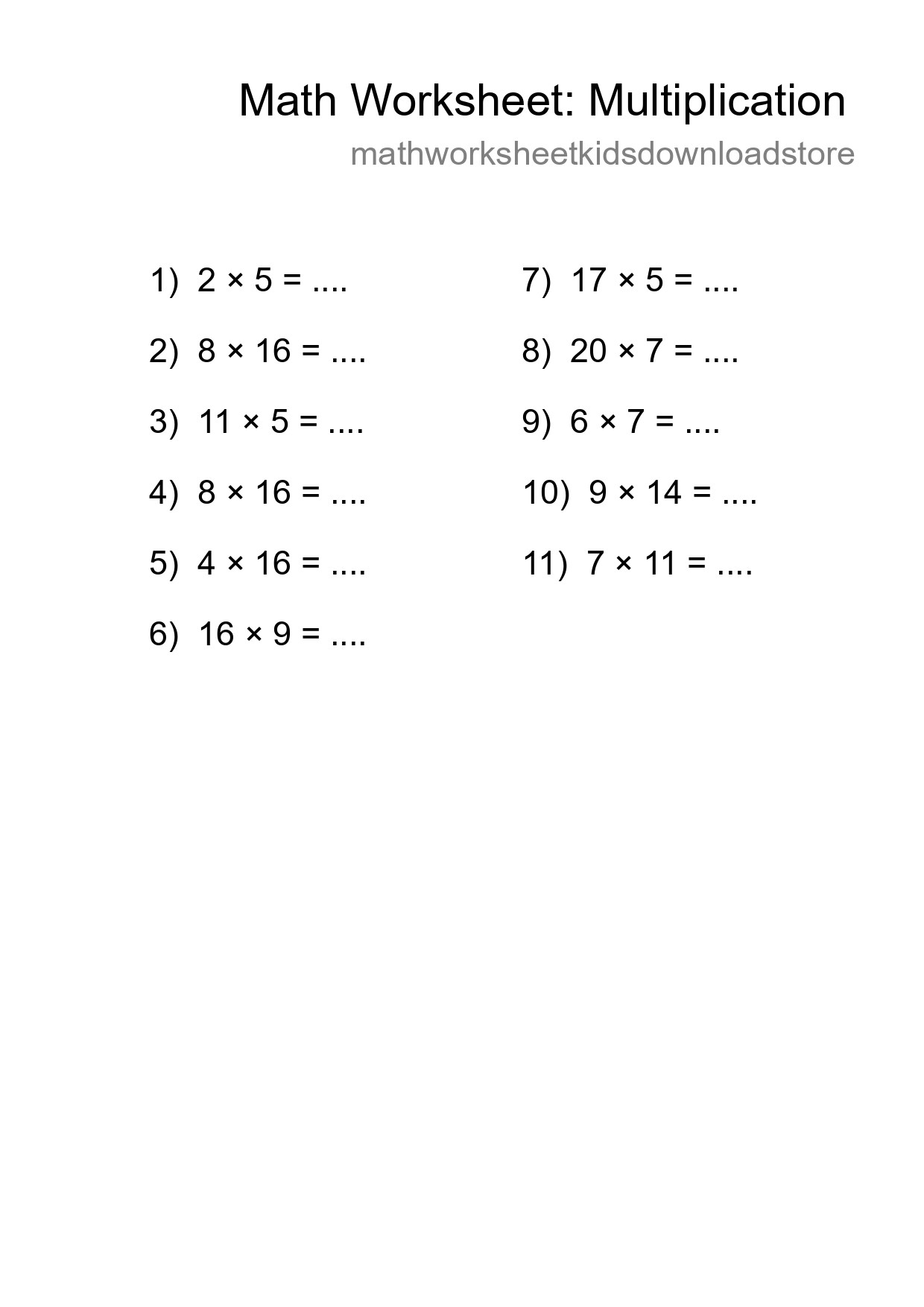 Printable Free 11 Multiplication Math Worksheet For Grade 2 - Part 161