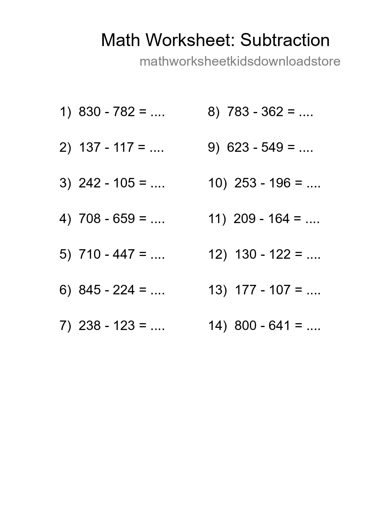 Printable Free 14 Subtraction Math Worksheet For Grade 5 - Part 140