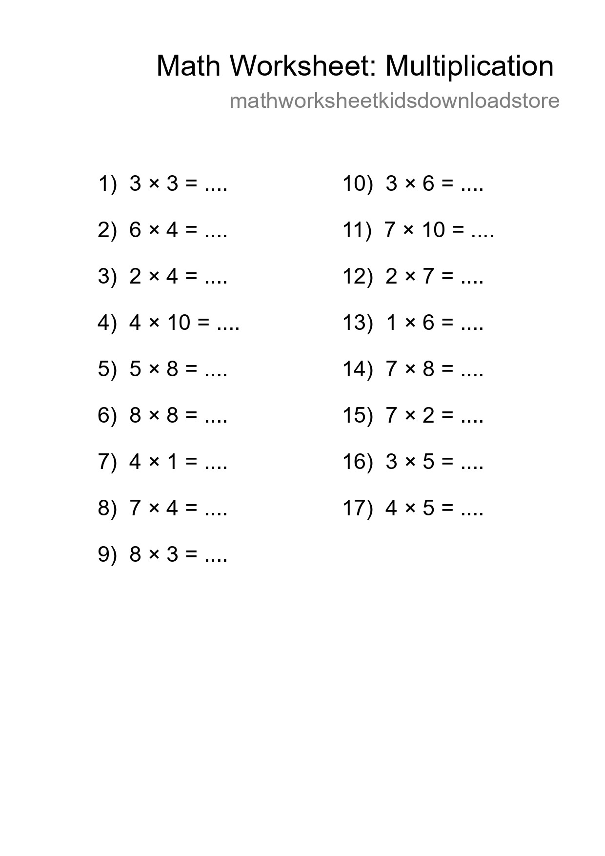 Printable Free 17 Multiplication Math Worksheet For Grade 1 - Part 216