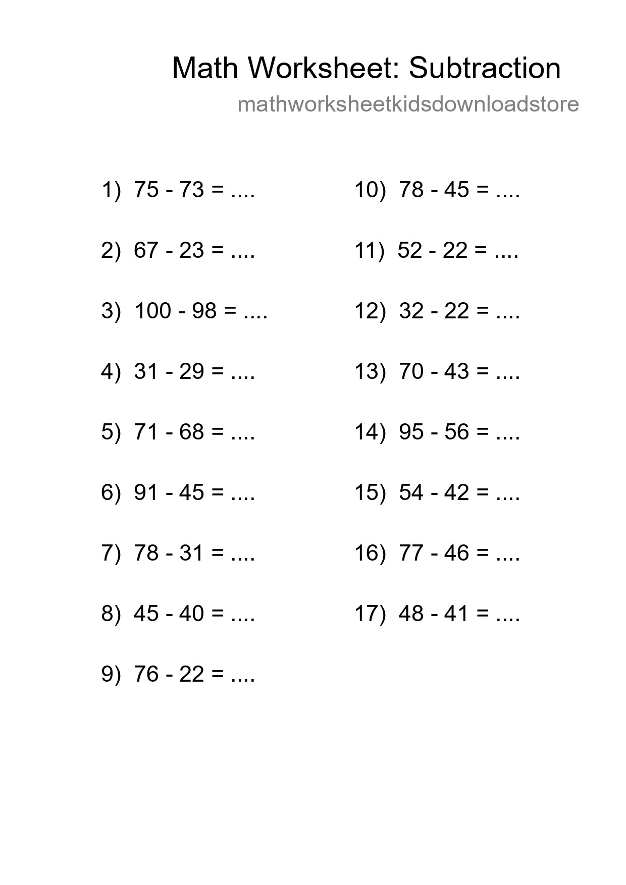 Printable Free 17 Subtraction Math Worksheet For Grade 3 - Part 19