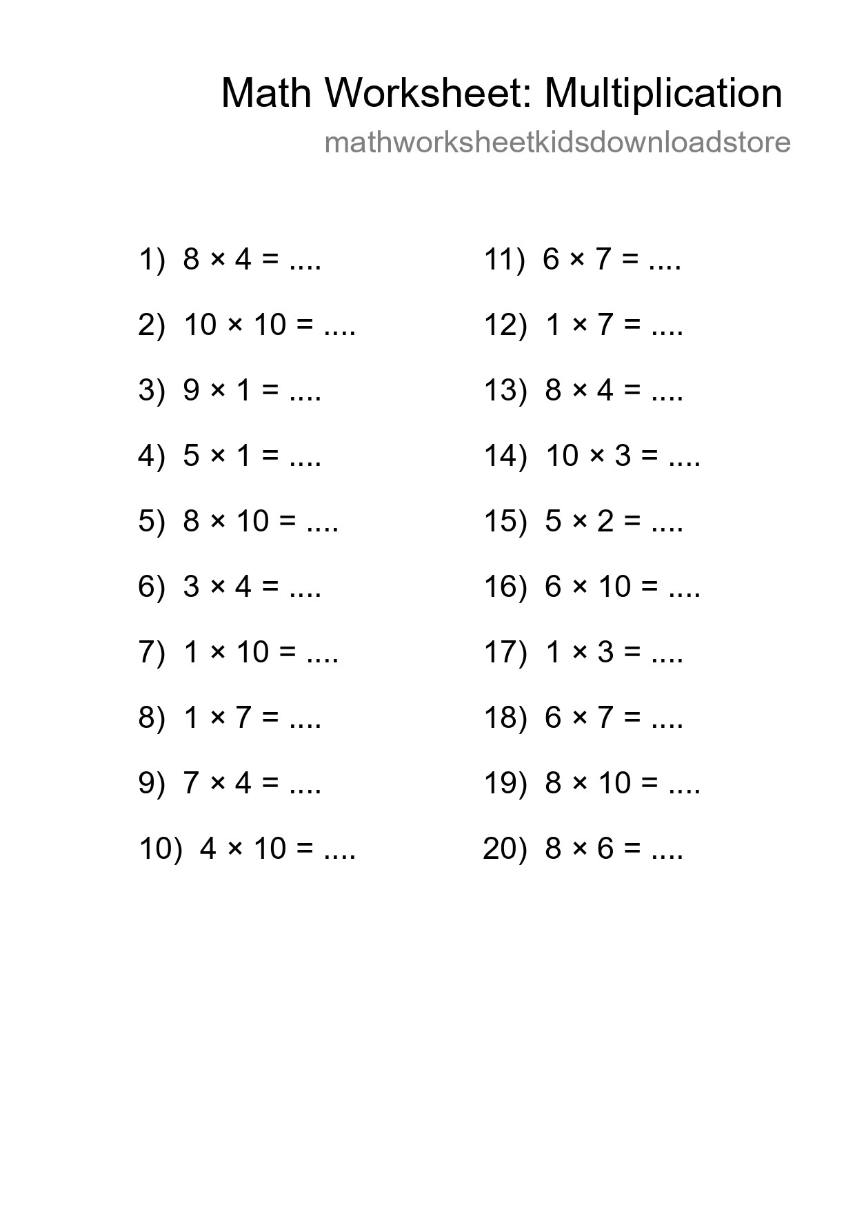 Printable Free 20 Multiplication Math Worksheet For Grade 1 - Part 73