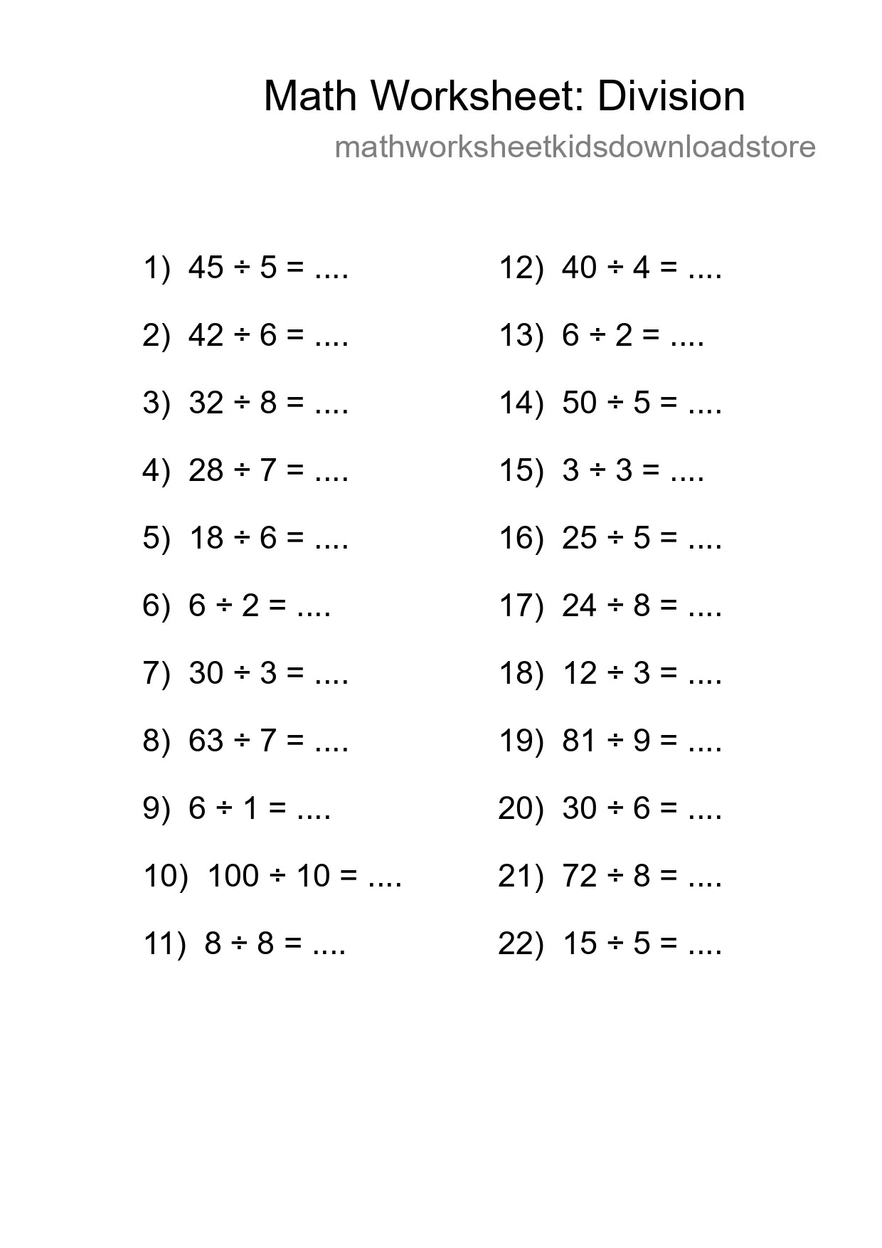 Printable Free 22 Division Math Worksheet For Grade 1 - Part 224