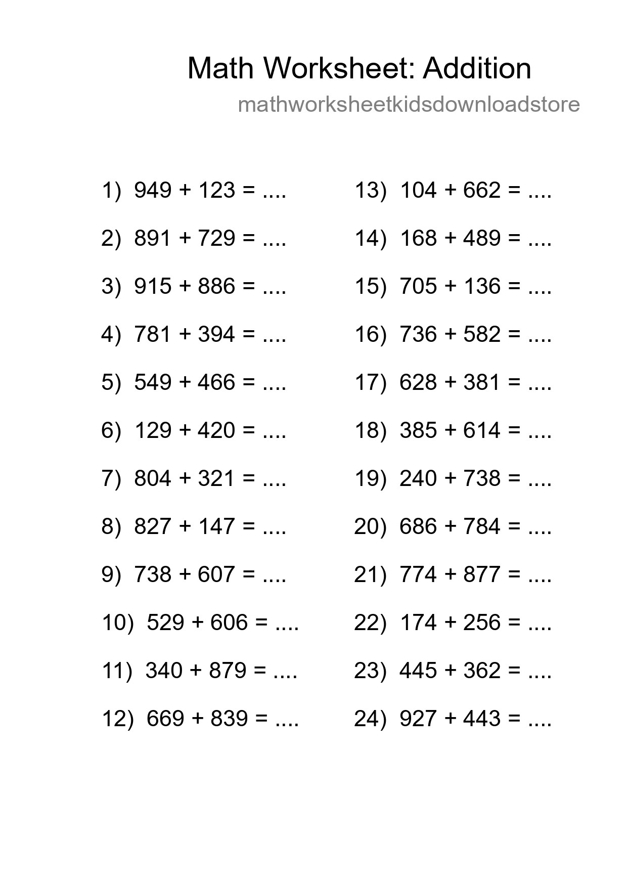 Printable Free 24 Addition Math Worksheet For Grade 5 - Part 144