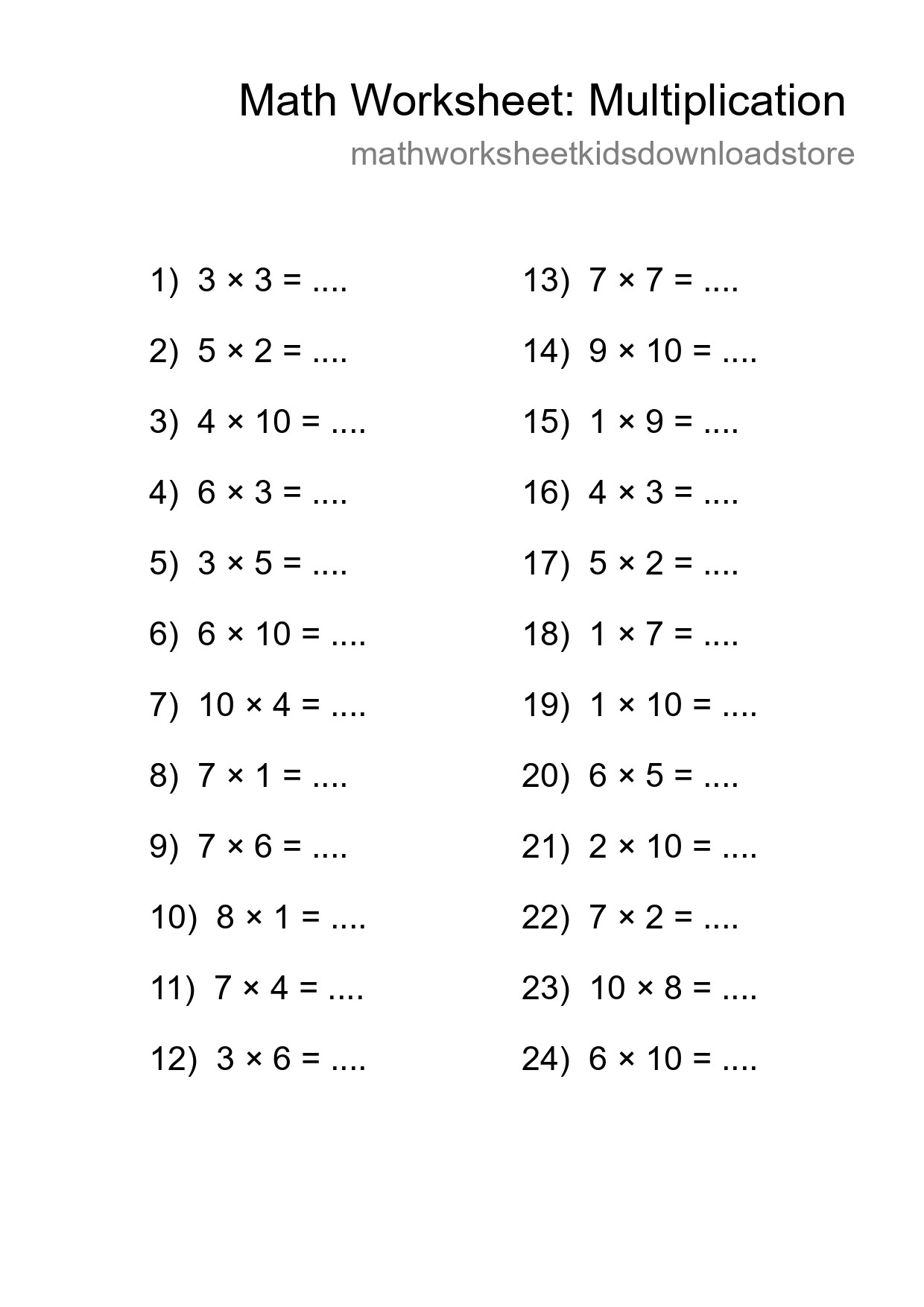Printable Free 24 Multiplication Math Worksheet For Grade 1 - Part 205