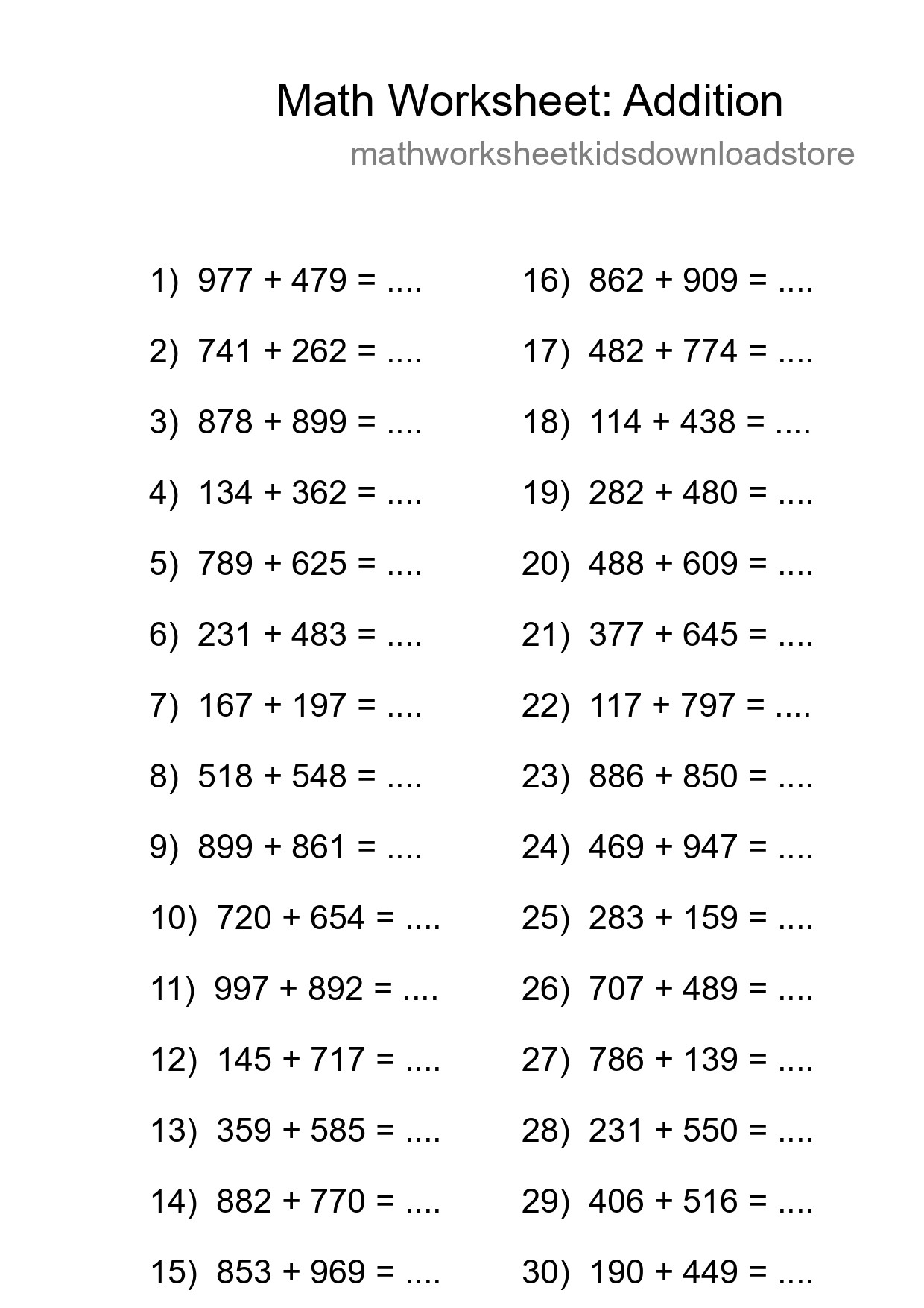 Printable Free 30 Addition Math Worksheet For Grade 5 - Part 188